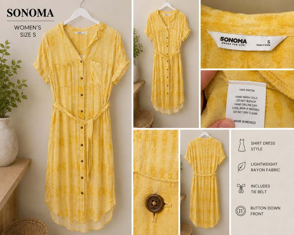 Sonoma Goods For Life Women's Yellow Tie-Waist Shirt Dress